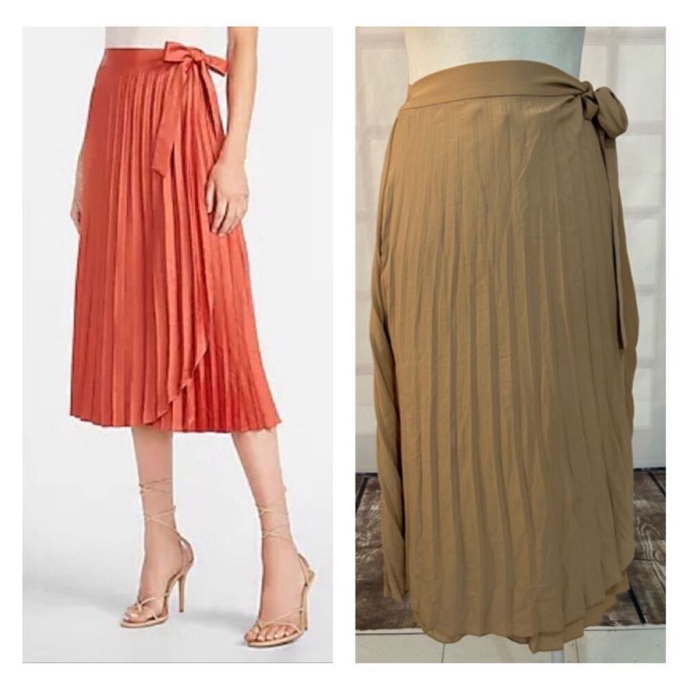 🔥🔥 5/$25 sale 🔥🔥 Express tan accordion Pleated true Wrap midi Skirt Size Small